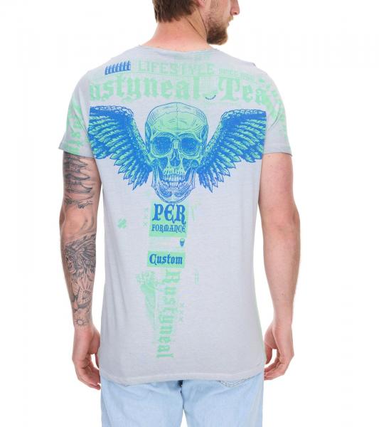 Herren T-Shirt kombinierfreudiges Totenkopf-Print Baumwoll-Shirt Rundhals-Shirt R-15264 Grau 