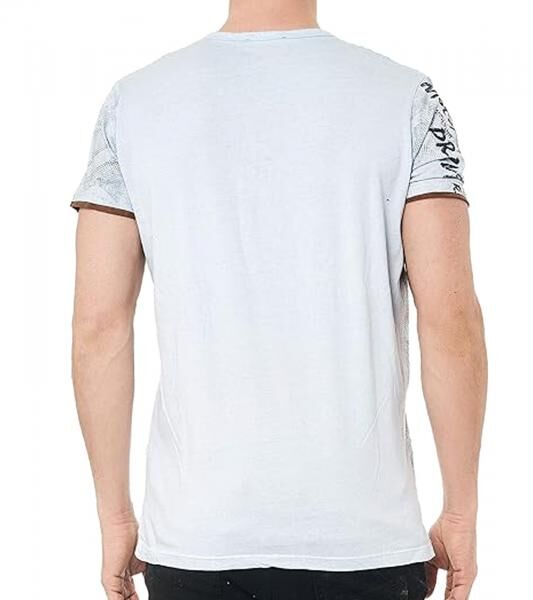 Herren T-Shirt mit Urban-Print Baumwoll-Oberteil Sommer-Rundhals-Shirt mit Knopfleiste R-15246 Hellgrau