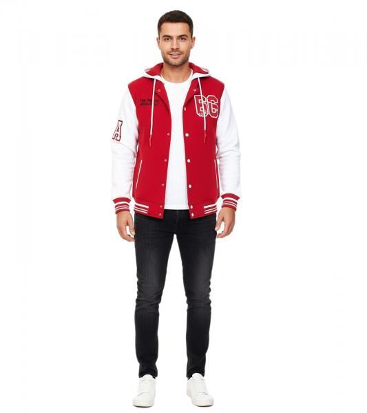 L&auml;ssige Sweat-Jacke f&uuml;r Herren im College-Style Kapuzen-Pullover Sweater 6876-1 Rot /Wei&szlig;