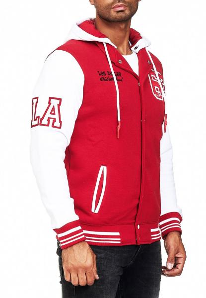 L&auml;ssige Sweat-Jacke f&uuml;r Herren im College-Style Kapuzen-Pullover Sweater 6876-1 Rot /Wei&szlig;