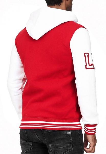 L&auml;ssige Sweat-Jacke f&uuml;r Herren im College-Style Kapuzen-Pullover Sweater 6876-1 Rot /Wei&szlig;