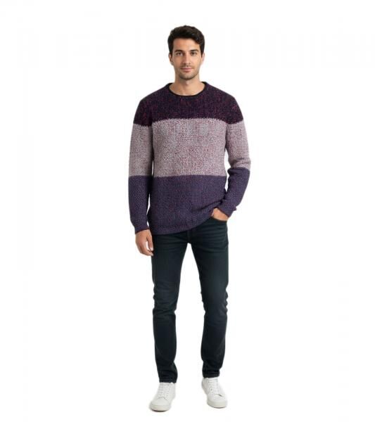 Modischer Herren-Strickpullover im Farbblock-Design Komfortabler Grobstrick mit Rundhalsausschnitt 6205 Rot/Wei&szlig;