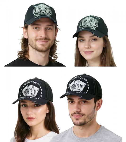 Mot&ouml;rhead Trucker-Cap & Baseball-Cap Fan-Merch Schwarz/Wei&szlig; - Baumwoll-Cap mit Karten-Stickerei oder Mesh-Cap mit Band-Logo
