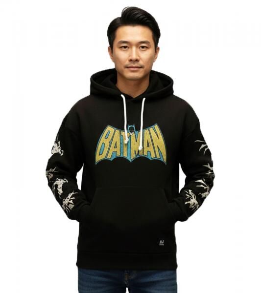 RE:COVERED X DC Herren Kapuzen-Pullover mit BATMAN Logo Baumwoll-Hoody Langarm-Shirt RCWARN554 Schwarz