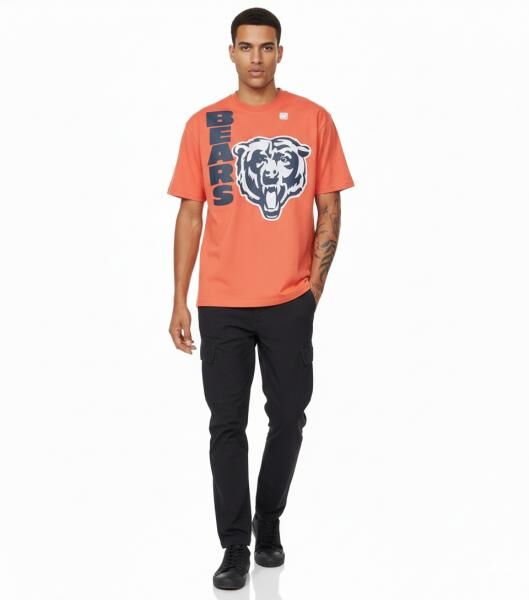 RE:COVERED X NFL Herren T-Shirt mit gro&szlig;em BEARS Logo-Print Baumwoll-Shirt Rundhals-Shirt MMNFL1140 Orange