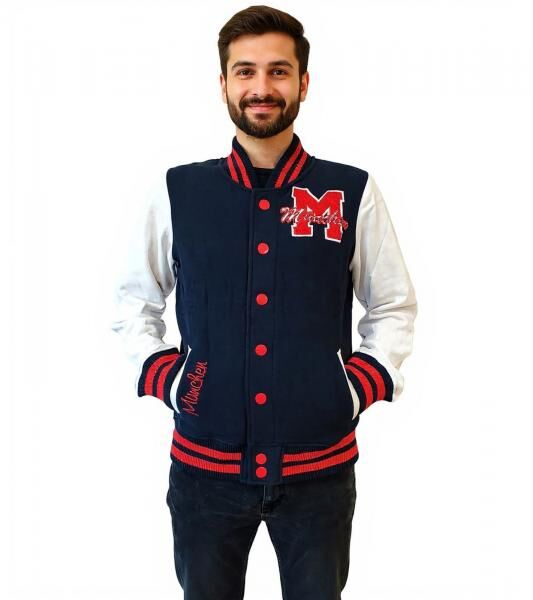 ROBIN RUTH M&uuml;nchen Herren College-Jacke mit Schriftzug Herbst-Jacke mit Stickerei &Uuml;bergangs-Jacke Sweat-Jacke FMCN-H Navy/Rot