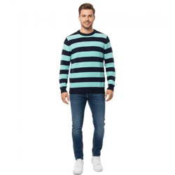 Stylischer ESPRIT Herren Strick-Pullover im Streifen-Design Rundhals-Sweater Baumwoll-Pullover Dunkelblau/Türkis