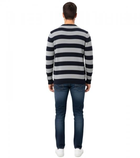 Stylischer ESPRIT Herren Strick-Pullover im Streifen-Design Rundhals-Sweater Baumwoll-Pullover Dunkelblau/Grau