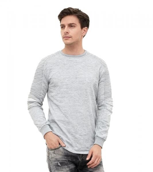 Urbanes Sweatshirt f&uuml;r Herren mit geripptem &Auml;rmeldesign Pullover Sweater 19056 Grau Melange