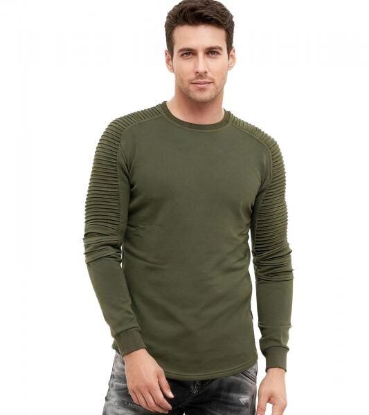 Urbanes Sweatshirt f&uuml;r Herren mit geripptem &Auml;rmeldesign Pullover Sweater 19056 Khaki