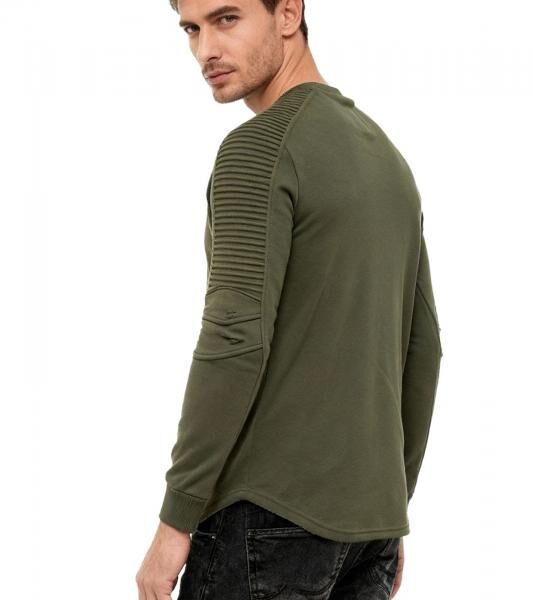 Urbanes Sweatshirt f&uuml;r Herren mit geripptem &Auml;rmeldesign Pullover Sweater 19056 Khaki