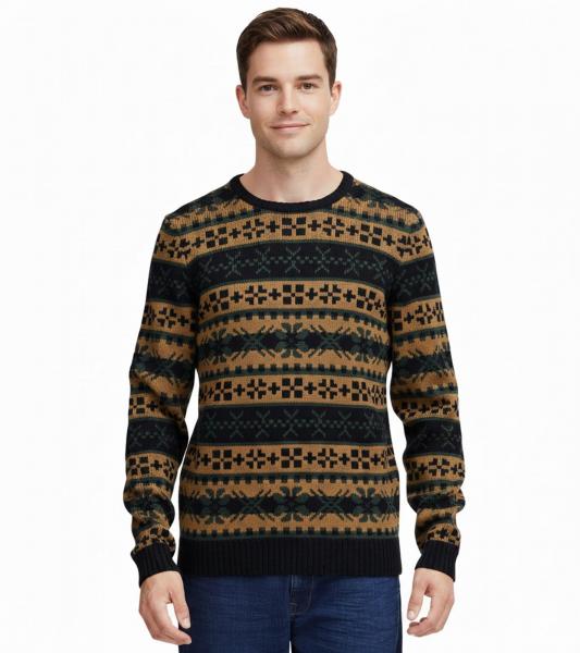 11 PROJECT PRPasco Herren Strick-Pullover mit Wollanteil Langarm-Shirt 20716671 194007 Beige/Schwarz/Gr&uuml;n