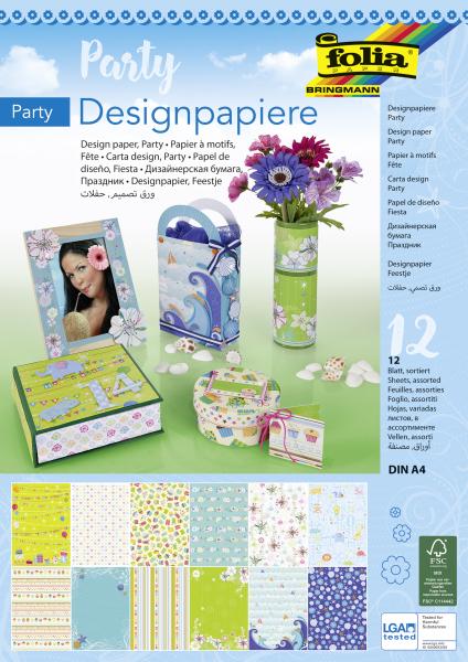 FOLIA - Designpapierblock PARTY 165g/m², DIN A4-12 Blatt, 12 Motive sortiert