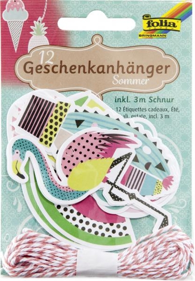 FOLIA - Geschenkanhänger SOMMER-12 Stück, inklusive 3m Schnur
