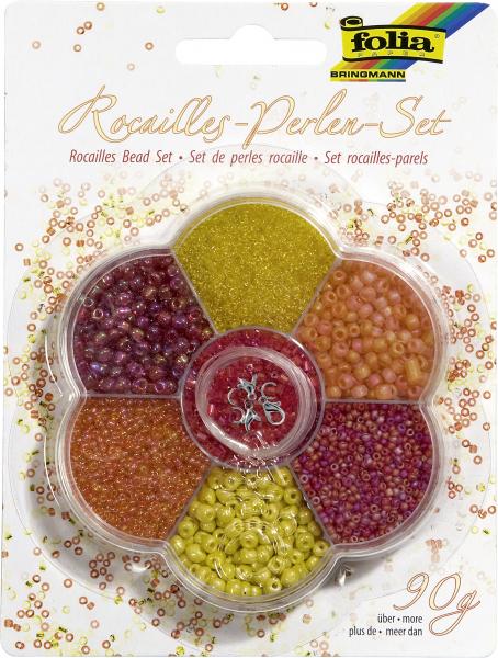 FOLIA - Rocailles-Perlen-Set GELB/ROT-~90g Perlen, 3x1m Nylonfaden, 3 Verschlüsse