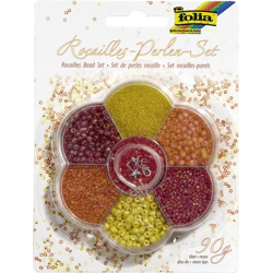 FOLIA - Rocailles-Perlen-Set GELB/ROT-~90g Perlen, 3x1m Nylonfaden, 3 Verschlüsse