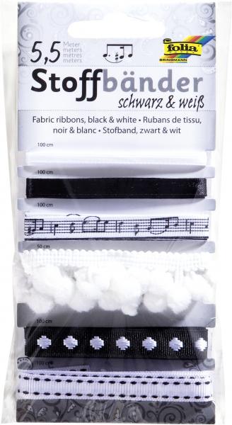 FOLIA - Stoffbänder SCHWARZ & WEISS, 5,5 Meter-6 Stück, sortiert