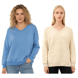 bequemer ZWILLINGSHERZ Pullover Damen Sweat-Pullover GOOD VIBES HAPPINESS mit V-Ausschnitt 46080 Beige oder Blau