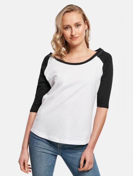 bequemes Build Your Brand Damen T-Shirt Rippb&uuml;ndchen 140 g/m&sup2; mit Baumwolle Wei&szlig;/Schwarz