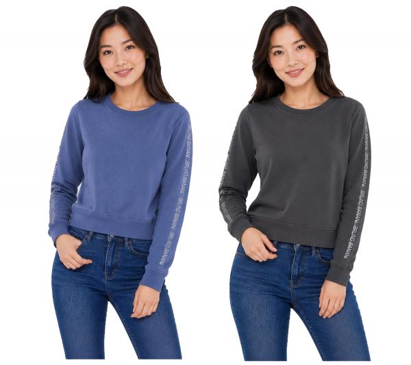 bruno banani Damen Rundhals-Pullover mit Marken-Schriftzug an &Auml;rmel verlaufend Baumwoll-Sweater Langarm-Shirt in Blau oder Anthrazit