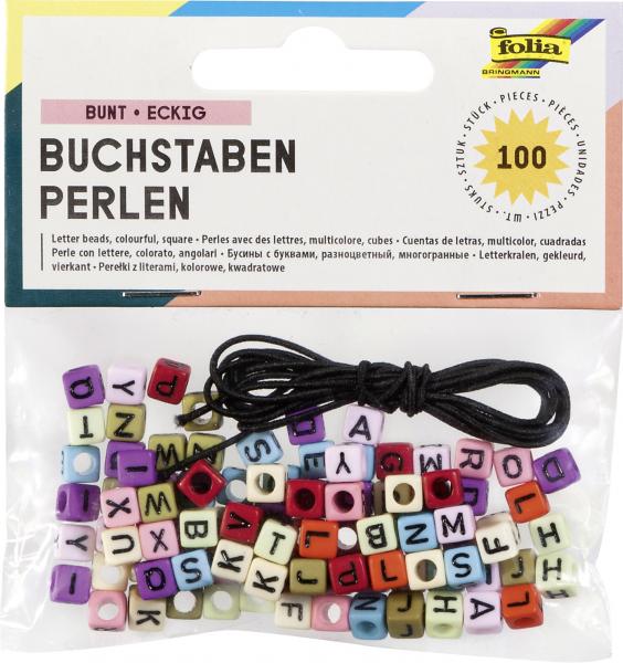 FOLIA - Buchstaben-Perlen, eckig-100 Stück, farbig sortiert, inkl. 1m Gummiband