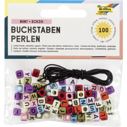 FOLIA - Buchstaben-Perlen, eckig-100 Stück, farbig sortiert, inkl. 1m Gummiband
