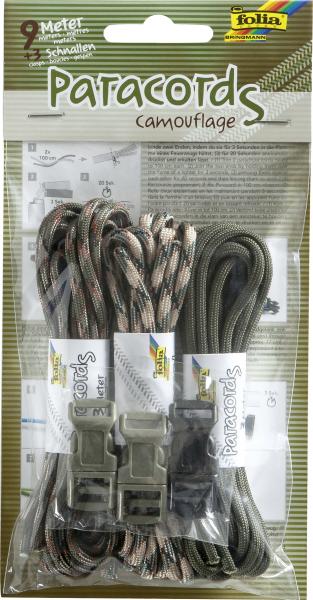 FOLIA - Paracord Set CAMOUFLAGE-3 Schnüre à 3 Meter, 3 Verschlussklipse