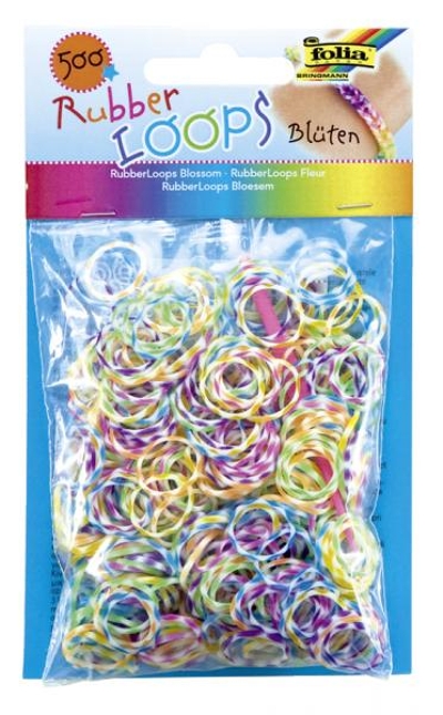 FOLIA - Rubber Loops BLÜTE FARBIG SORTIERT-500 Stück, 25 S-Klipse, 1 Häkelnadel