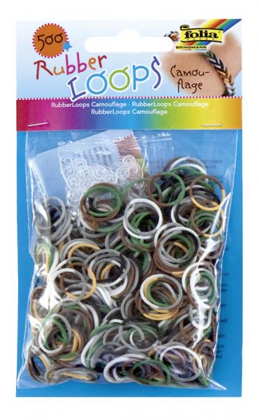FOLIA - Rubber Loops CAMOUFLAGE, farbig sortiert-500 Stück, 25 S-Klipse, 1 Häkelnadel