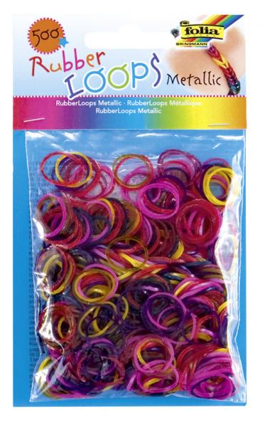 FOLIA - Rubber Loops METLLIC FARBIG SORTIERT-500 Stück, 25 S-Klipse, 1 Häkelnadel
