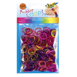 FOLIA - Rubber Loops METLLIC FARBIG SORTIERT-500 Stück, 25 S-Klipse, 1 Häkelnadel