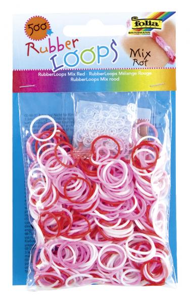 FOLIA - Rubber Loops MIX ROT-500 Stück, 25 S-Klipse, 1 Häkelnadel