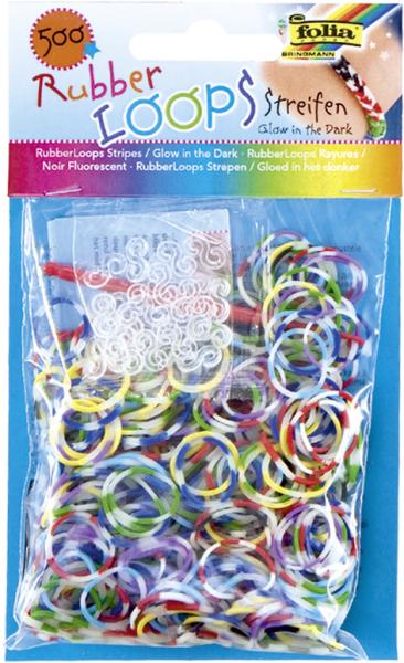 FOLIA - Rubber Loops STREIFEN / GLOW IN THE DARK-500 Stück, 25 S-Klipse, 1 Häkelnadel