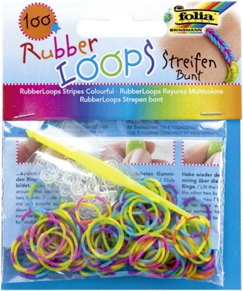 FOLIA - Rubber Loops Streifen BUNT-100 Stück, 12 S-Klipse, 1 Häkelnadel