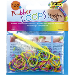 FOLIA - Rubber Loops Streifen BUNT-100 Stück, 12 S-Klipse, 1 Häkelnadel