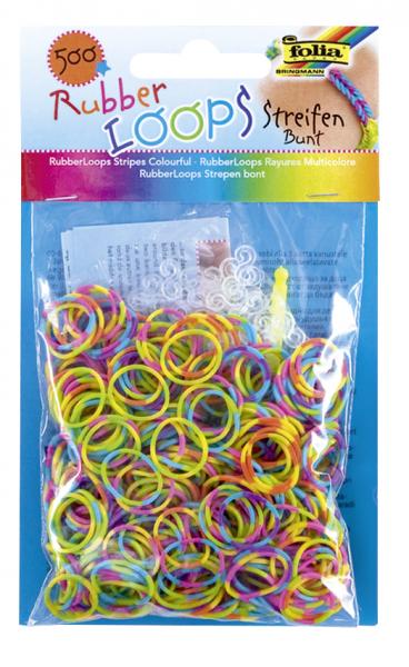 FOLIA - Rubber Loops STREIFEN BUNT-500 Stück, 25 S-Klipse, 1 Häkelnadel