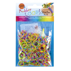 FOLIA - Rubber Loops STREIFEN BUNT-500 Stück, 25 S-Klipse, 1 Häkelnadel