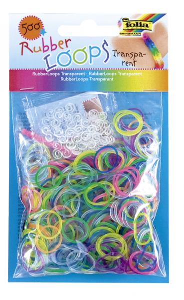 FOLIA - Rubber Loops TRANSPARENT, farbig sortiert-500 Stück, 25 S-Klipse, 1 Häkelnadel