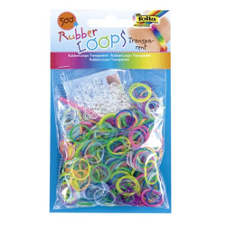 FOLIA - Rubber Loops TRANSPARENT, farbig sortiert-500 Stück, 25 S-Klipse, 1 Häkelnadel