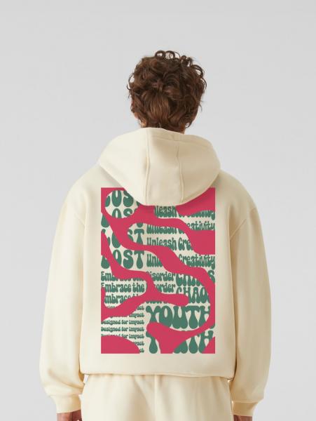 l&auml;ssiger Lost Youth Herren Hoodie Rippb&uuml;ndchen Kapuze 330 g/m&sup2; mit Baumwolle Ecru-Wei&szlig;