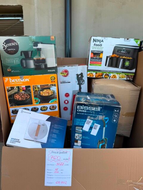 Mixed pallet of electrical goods: appliances for hot drinks, floor care products, kitchen appliances