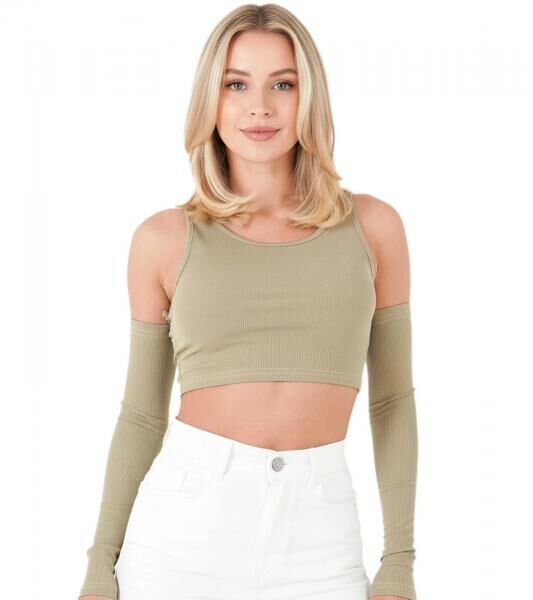 Sixth June Damen geripptes Crop-Top Cropped-Pullover mit abnehmbaren &Auml;rmeln Langarm-Shirt W34131KTO Gr&uuml;n