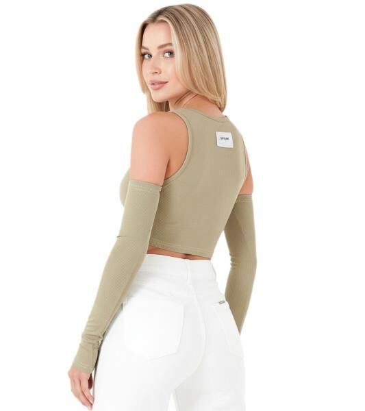 Sixth June Damen geripptes Crop-Top Cropped-Pullover mit abnehmbaren &Auml;rmeln Langarm-Shirt W34131KTO Gr&uuml;n