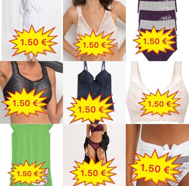 Ab 1,50 €/Stück Damenunterwäsche-Mix mit BHs, Tops, Slips, Strings, Shorts, Pyjamas und Bademode, Größen XS–XXXL