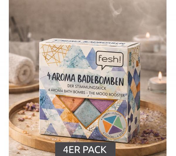 4er Pack fesh! Aroma Badebomben in vier verschiedene Farben und Duftrichtungen nachhaltiges Bade-Zubehör 4x40gr Wellness Blau/Lila/Orange/