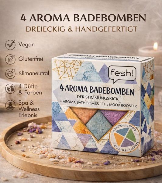 4er Pack fesh! Aroma Badebomben in vier verschiedene Farben und Duftrichtungen nachhaltiges Bade-Zubehör 4x40gr Wellness Blau/Lila/Orange/