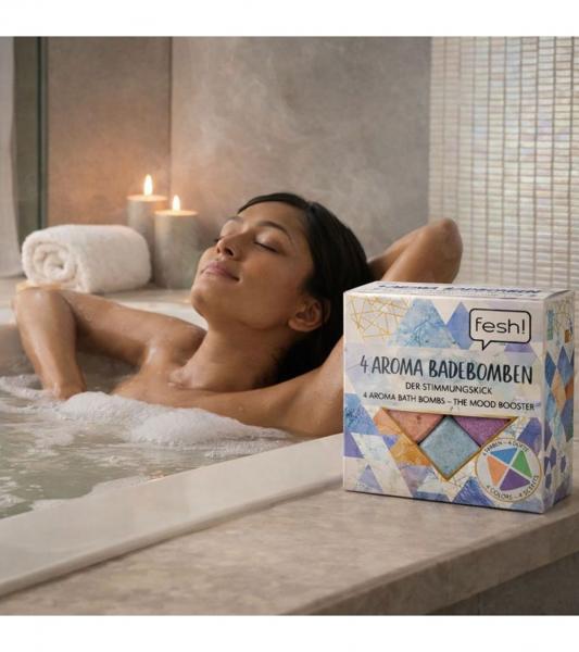 4er Pack fesh! Aroma Badebomben in vier verschiedene Farben und Duftrichtungen nachhaltiges Bade-Zubehör 4x40gr Wellness Blau/Lila/Orange/