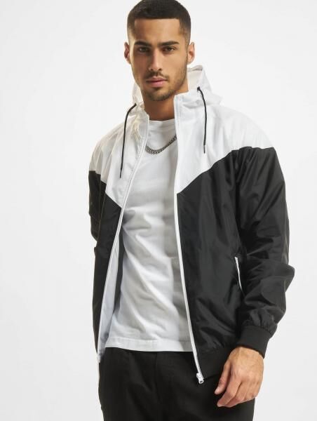 l&auml;ssige URBAN CLASSICS Herren Jacke Rei&szlig;verschluss Kapuze 75 g/m&sup2; Schwarz/Wei&szlig;