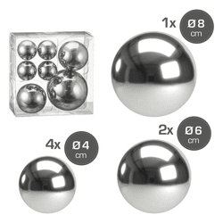 Decorative baubles silver, 3 sizes assorted, set of 7