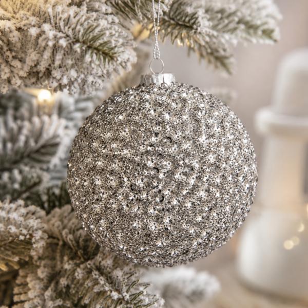 J-Line Weihnachtskugeln mit Pailletten, silberfarben, 10 cm, 4 Stück
